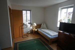 Una pequeña sala de estar con un sofá y un televisor. en Ferienwohnung am Olbersdorfer See, en Olbersdorf