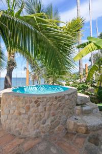 een zwembad met een stenen muur naast de oceaan bij Panchos Paradise Cabaña Parota in Puerto Vallarta