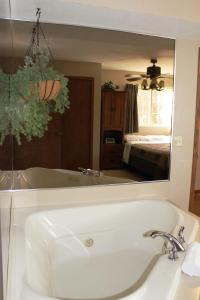 Un baño con un lavabo blanco y un espejo. en Unit126, 2 bedroom Lower Duck Lake Condo, en Eagle River