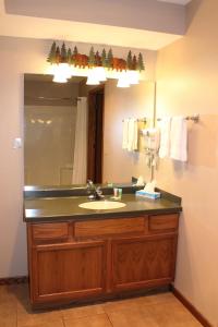 un baño con lavabo y espejo en Unit126, 2 bedroom Lower Duck Lake Condo, en Eagle River 30 fotos más