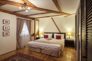 1 dormitorio con 1 cama grande con almohadas rojas en Drachenhaus, en Brasov