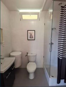 ein Badezimmer mit Toilette, Dusche und Waschbecken in der Unterkunft Domek nad jeziorem Węgorzyno in Augustowo