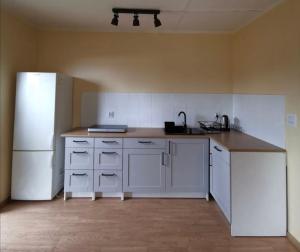 a kitchen with white appliances and a white refrigerator at Domek nad jeziorem Węgorzyno in Augustowo
