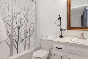 a bathroom with a shower curtain with a toilet and a sink at The Cottage at Shay Meadows by Big Bear Vacations in Big Bear City