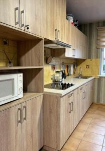 a kitchen with wooden cabinets and a microwave at Park Hostel in Šiauliai +6 photos