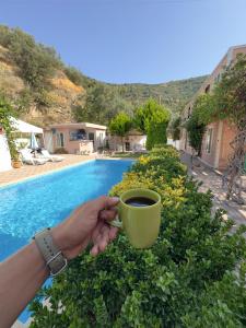 a person holding a cup of coffee next to a pool at Ali Baba Butik Otel in Gündoğdu