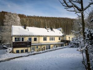 a house with a snow covered roof in the snow at Mill Pond Luxury Escape in Hemschlar