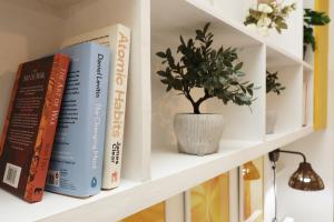 a shelf with books and a potted plant on it at Cardiff City Guesthouse, Central Rooms, Fast Wi-Fi, On-Street Parking in Cardiff