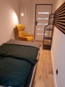 a bedroom with a bed and a chair and a ladder at W Izerach - Apartament Superior in Szklarska Poręba