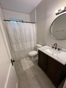 ein Badezimmer mit Toilette, Waschbecken und Spiegel in der Unterkunft Sparkle City Cottage in Spartanburg + 12 Fotos