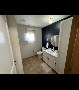 a bathroom with a toilet and a sink and a mirror at Cozy town house in Wall! in Wall +3 photos