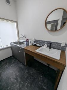 a bathroom with a sink and a mirror at 8人で泊れる ペットと泊まれる宿 DoggoInnn Akita in Akita +26 photos