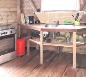 a kitchen with a sink and a stove at Bungalow charmant avec piscine partagée à Le Robert in Le Robert +8 photos