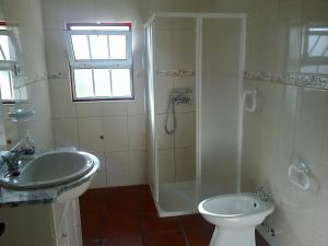 a bathroom with a shower and a sink and a toilet at Casas do Monte Alegre in Nordestinho