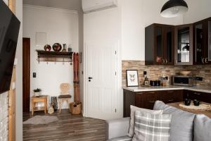 a living room with a couch and a kitchen at Apartament Srebrna Perła in Czarny Dunajec