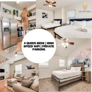 un collage di foto di una camera da letto e di un soggiorno di 4 Queen Beds High Speed Wifi Private Parking a Fort Worth