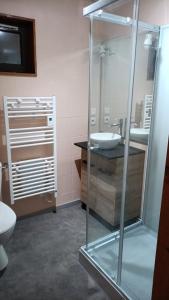 une salle de bain avec une douche en verre et un lavabo dans l'établissement Maison Ste Foy Tarentaise, à Sainte-Foy-Tarentaise