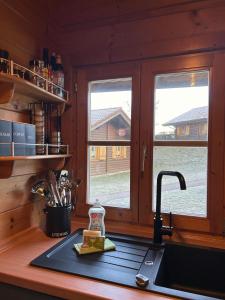 a kitchen counter with a sink and two windows at Blockhaus Holzzeit im Bayerischen Wald in Stamsried
