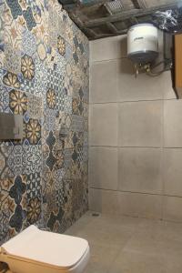 a bathroom with a toilet and a tiled wall at Castle View Heritage Haveli in Jodhpur