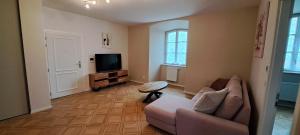 a living room with a couch and a tv at L'Arbre Rose - Parking, Borne VE et Fibre in Bergheim