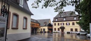 a rainy street in a town with buildings at L'Arbre Rose - Parking, Borne VE et Fibre in Bergheim