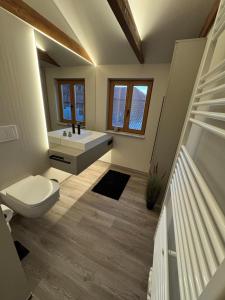 a bathroom with a white toilet and a sink at Stilapartment City 3 in Wernigerode