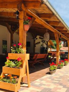 a wooden pergola with pots of flowers on a patio at Aranyfürt Vendégház GOLD in Tokaj