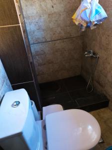 a bathroom with a white toilet and a shower at Kimon Penthouse in Thessaloniki