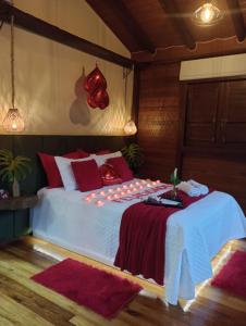 a bedroom with a large bed with red pillows at Cabana com visual incrível para a Serra in Timbe do Sul