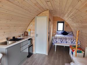 a kitchen with a sink and a bed in a room at Ballyhemlin pods - Blackthorn in Bushmills