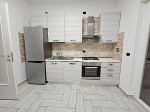 a kitchen with stainless steel appliances and white cabinets at Vanessa Home - Roma in Infernetto