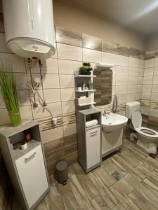 a bathroom with a white sink and a toilet at Aranyfürt Vendégház GOLD in Tokaj +38 photos