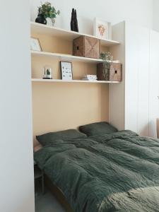 a bedroom with a bed with green sheets and shelves at Nahe Messe - Privates Gästezimmer mit Bad in einer Wohnung in Cologne +3 photos