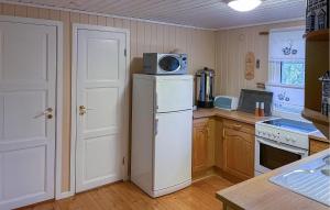 a kitchen with a microwave on top of a refrigerator at 3 Bedroom Lovely Home In Åseral in Tjaldal