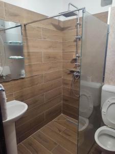 un bagno con doccia, wc e lavandino di Pansion Kamin a Sarajevo