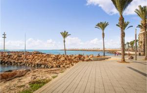 une promenade sur une plage avec des palmiers et l'océan dans l'établissement Lovely Apartment In Torrevieja, à Torrevieja
