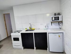 Una cocina con fregadero, estufa y microondas. en Pasaje Del Rey, en El Bolsón