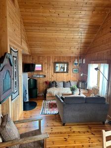 a living room with a couch and a bed at Convenient ski in-out on Norefjell in the alpine village in Surteberg