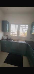a kitchen with a counter with a sink and two windows at Apartment building in Salagi in Sukuta