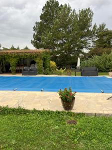 a pool with a blue tarp and a pot of flowers at La Port-Gentillaise in Aix-en-Provence