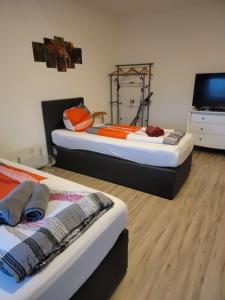 two beds in a room with a flat screen tv at Ferienwohnung kopp in Plauen in Plauen