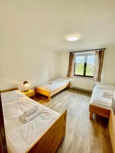 a room with two beds and a window at Apartmány U rybníků in Černá v Pošumaví