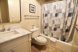 a bathroom with a toilet sink and a shower curtain at Beechwood 3, Lincoln in Lincoln