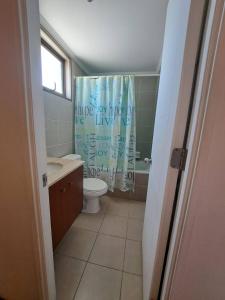 a bathroom with a toilet and a shower curtain at Cómodo Dpto Calama Centro in Calama +12 photos