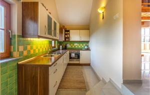 a kitchen with white cabinets and green and yellow tiles at Stunning Home In Velika Nedelja in Osluševci