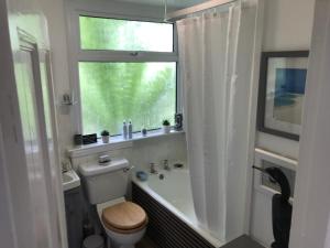 Fuchsia Cottage في Porthallow: حمام مع حوض ومرحاض ونافذة +67 صورة