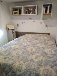 a bedroom with a bed in a room with books at Mobil home 6 à 8pers in Saint-Jean-de-Monts