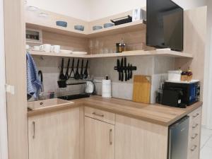 a kitchen with wooden cabinets and a sink and a microwave at Studio Zoi in Benitses