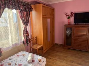 a bedroom with a bed and a dresser and a television at Apartament Tujka Żywiec in Żywiec