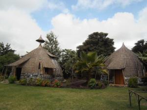 two cottages with thatched roofs in a yard at Zion Train Lodge Shashemene in Kʼorē